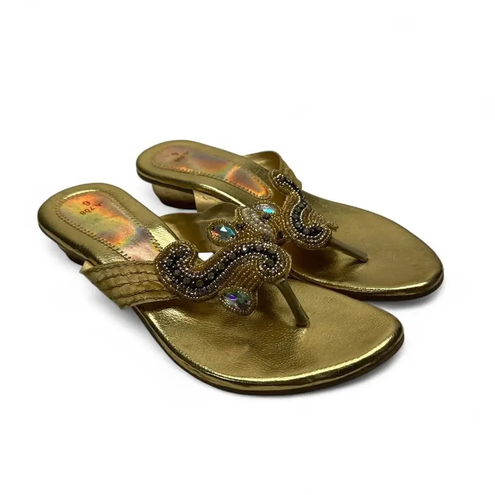Y2K Gold Beaded Heel Sandals with Black Beaded Swirl Design size 6 kitten heel